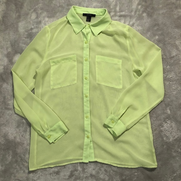 Lime Green, long Sleeve, See-Through, Button Down - Picture 1 of 3